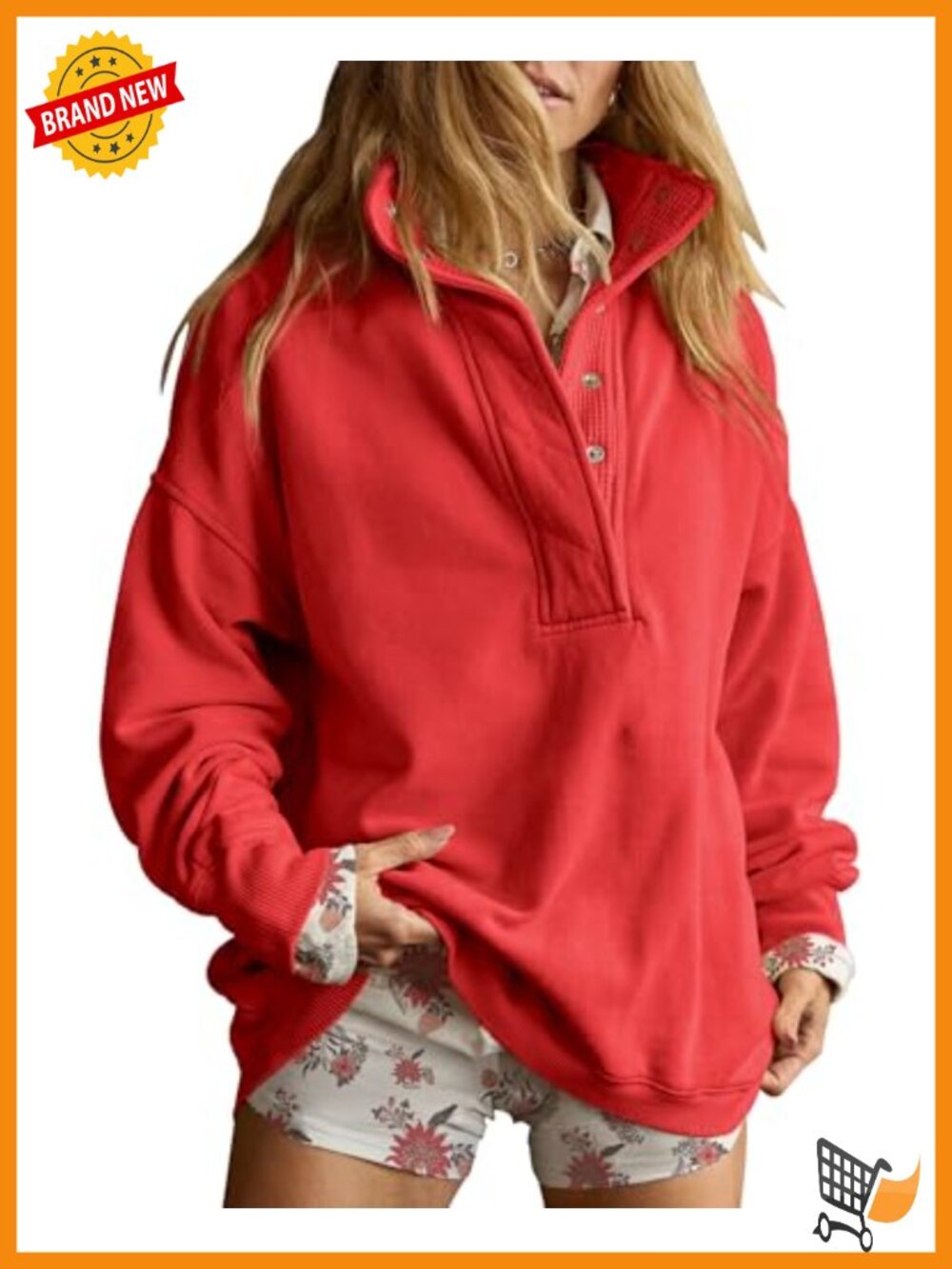 Oversized Henley Neck Sweatshirt Pullover Top Drop Shoulder Long Sleeve